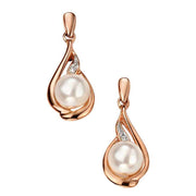 Elements Gold Pearl and Diamond Drop Earrings - Rose Gold/White