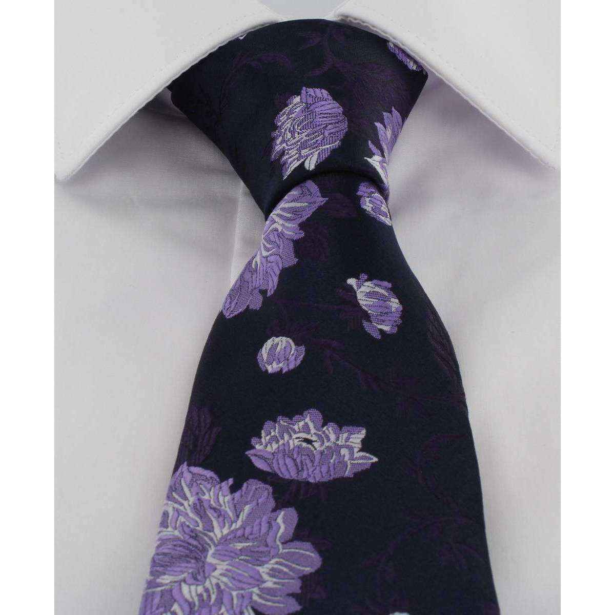 Mens Michelsons of London Navy/Lilac Large Floral Polyester Tie